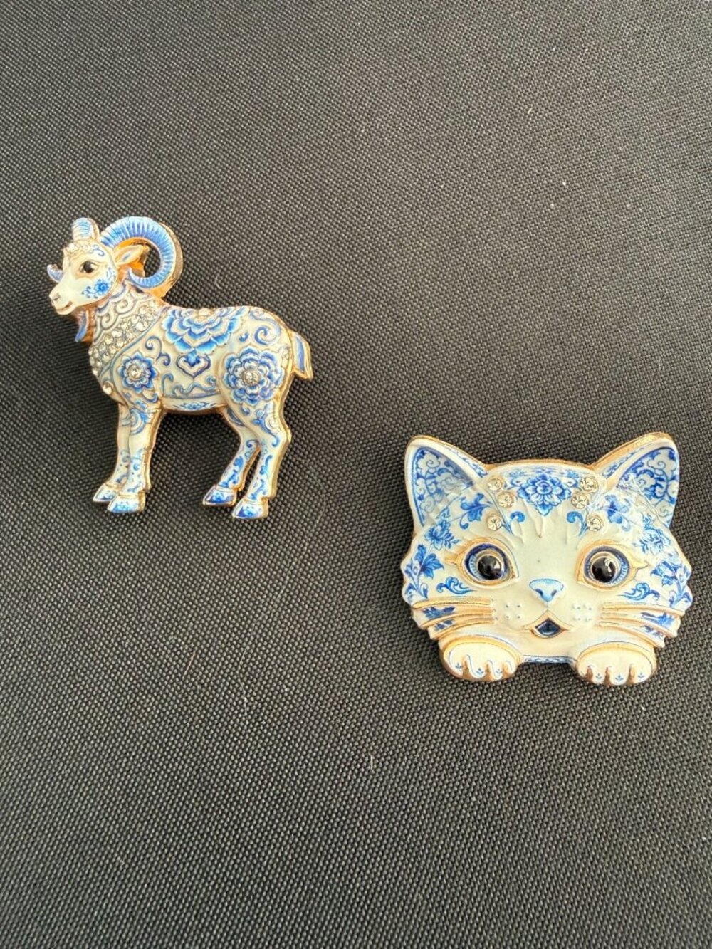 Blue & White Porcelain-Look Brooch Duo – Kitten & Ram Enamel Rhinestone Pins, Go